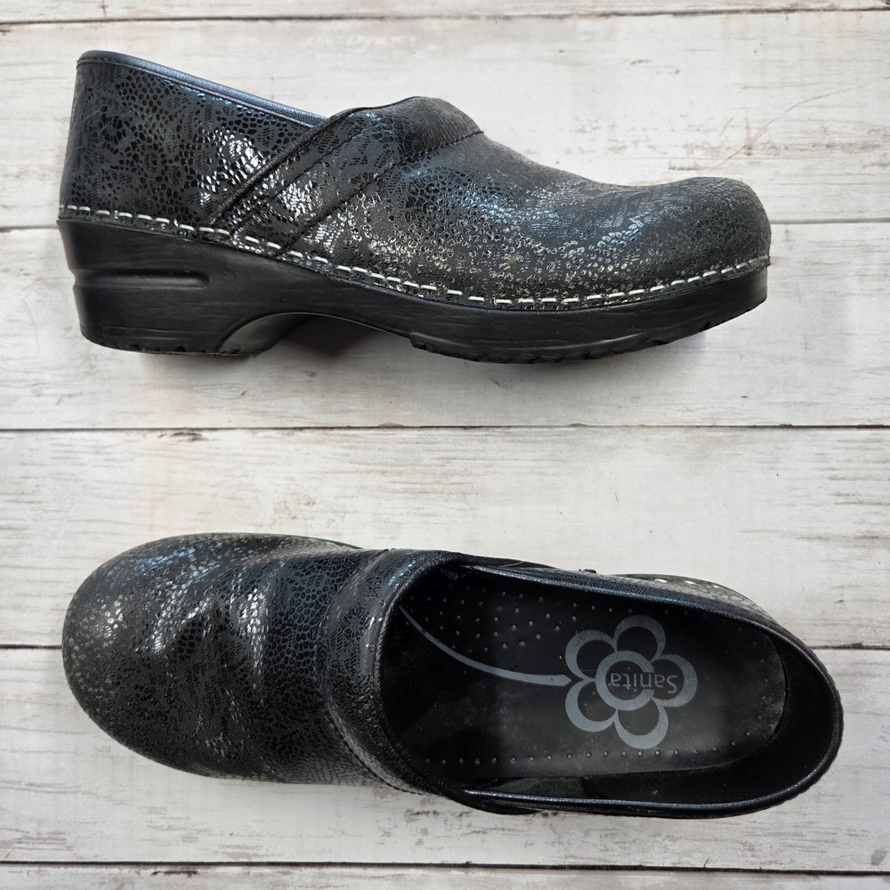 Sanita Professional Clogs Womens 40 Black Metallic Leather Rocker Bottom